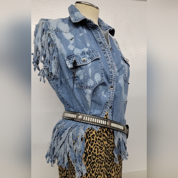 Motley Crue Fringed Denim Jean Shirt Vest  Upcycled Rock Couture - Picture 8 of 12